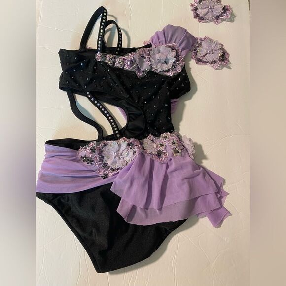 Glamour solo dance costume purple lavender black rhinestone lyrical LC child - Picture 5 of 10